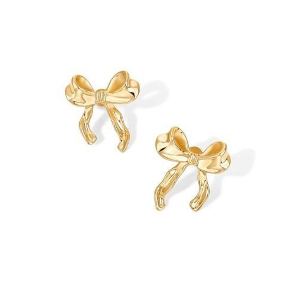 14K Yellow Gold Plated Hammered Bow Stud Earrings For Women